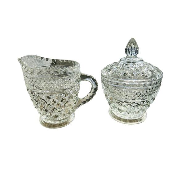 Anchor Hocking Wexford Crystal Clear Cut Glass Cream & Sugar Set Vintage - Picture 8 of 16